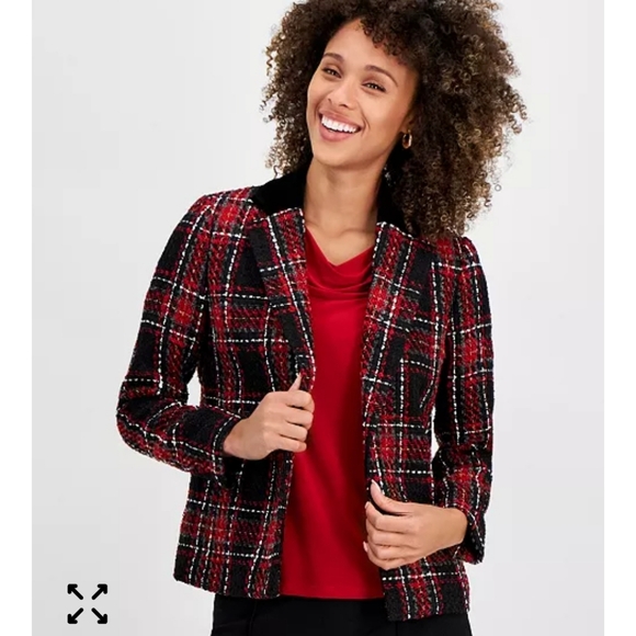 Kasper Jackets & Blazers - Kasper Plaid Tweed Blazer Jacket Sz 14 Women Red Black Velvet Collar Trim New